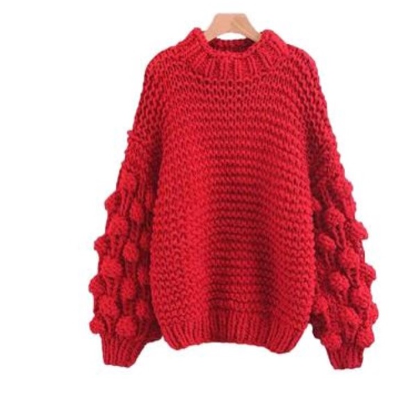 Sweaters - Red Goodnight Macaroon Pom Pom Sweater